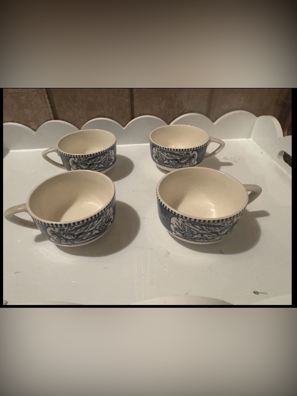 4 Blue Willow Currier & Ives Coffee Tea Cup Mug Woman Horse Drawn Buggy